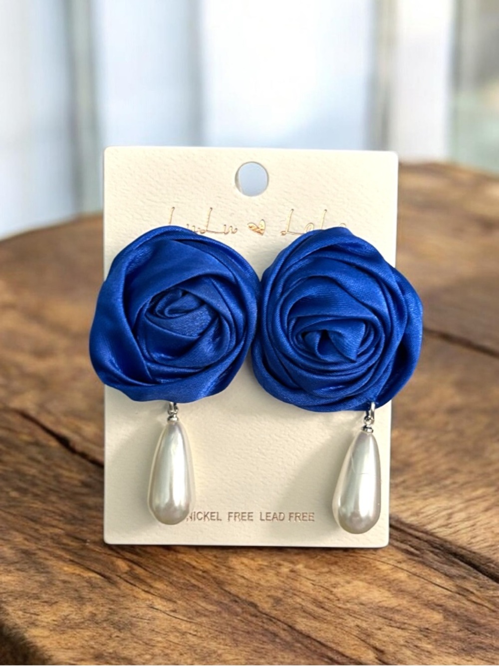 Royal Blue Satin Rose Earrings with Pearl Drops